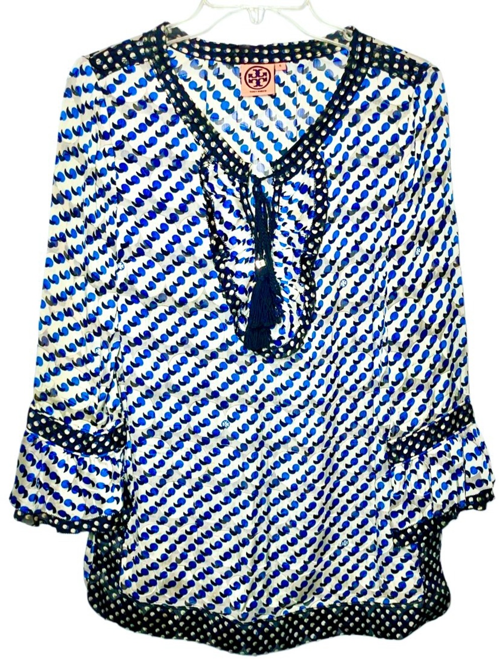 Tory Burch Silk Blend Geometric Tunic in Cream/Blue Women’s 6
